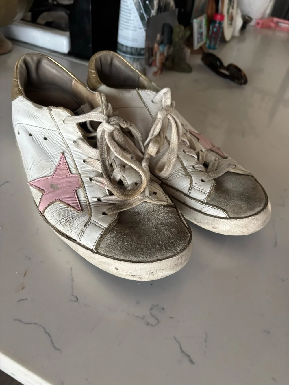 Golden Goose White Leather Sneakers with Pink Star and Gold Heel